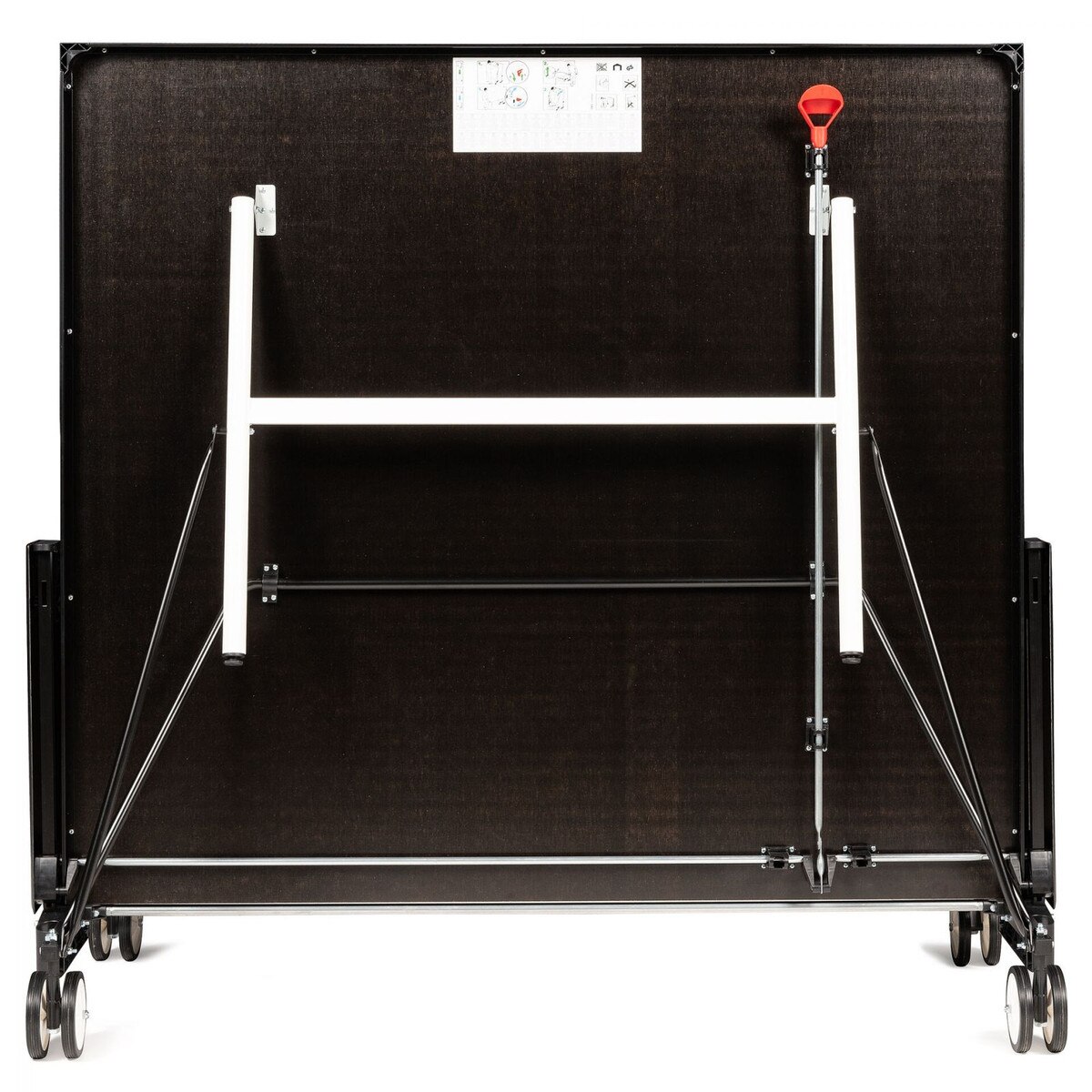 The Butterfly Timo Boll Repulse Indoor Ping Pong Table storage position shown here, gives you a view of the underside of the table to see the complete locking mechanism.